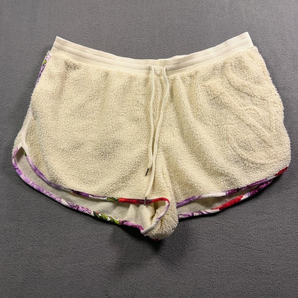 Victorias Secret Pink Womensโ XL Cream Towel Terry Cloth Shorts Floral Trim Cozy